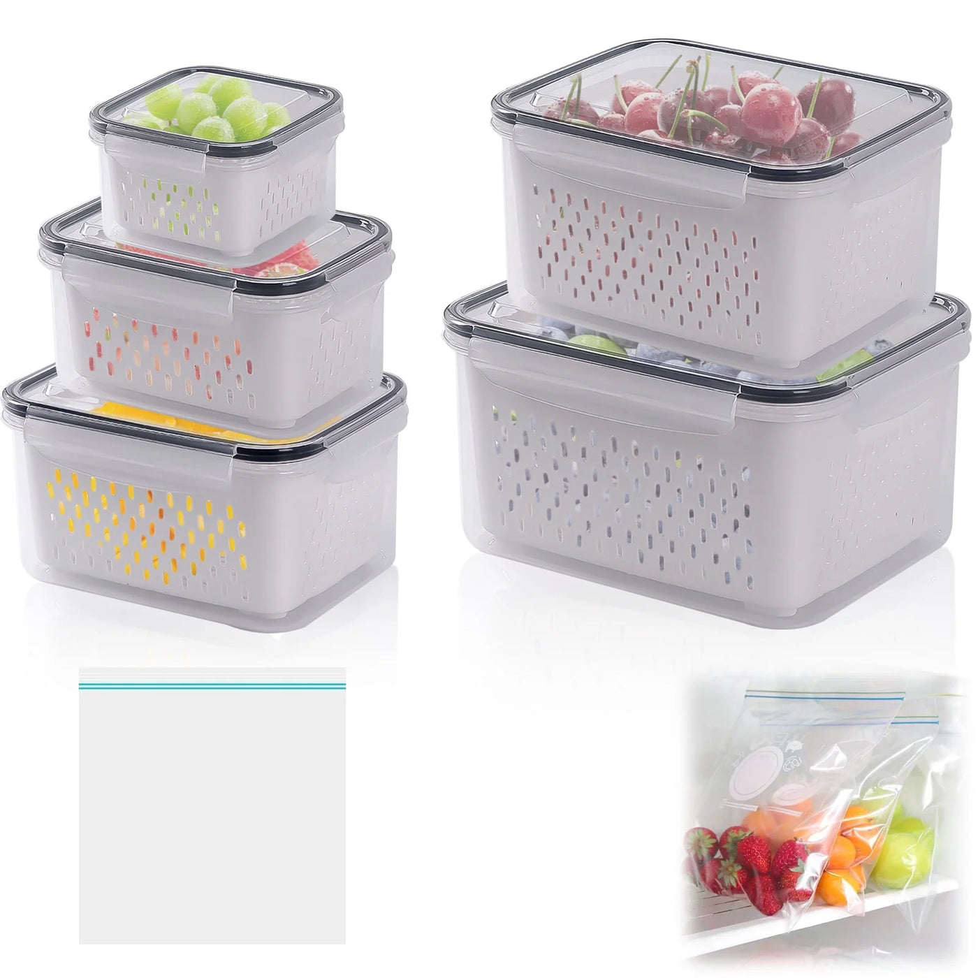 5-Pack Large Airtight Fruit Containers for Fridge, with 20-Piece Fresh-keeping Bags, Leakproof Food Storage Containers with Removable Colander
