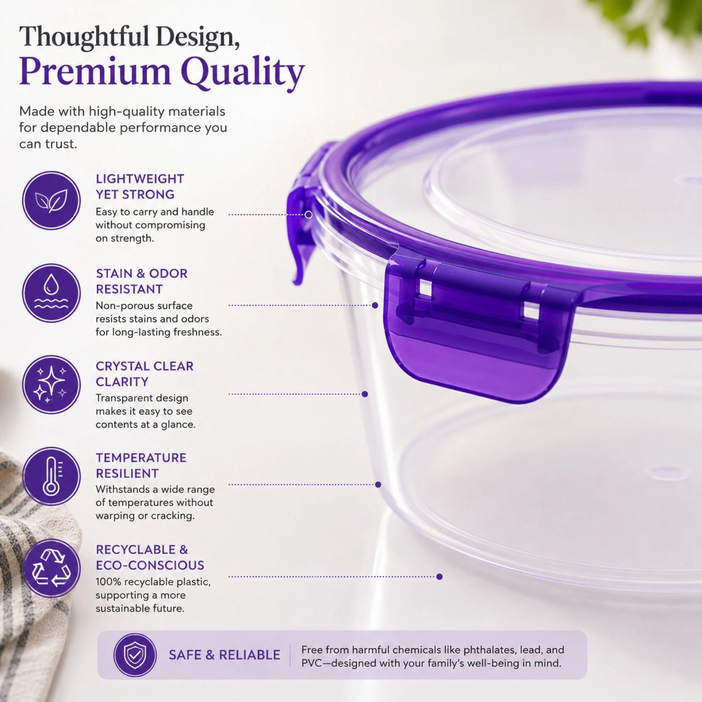 (2) Round Food Storage Container with Purple Locking Lid, 51 Oz Capacity BPA-FREE Reusable Meal Prep Bowl
