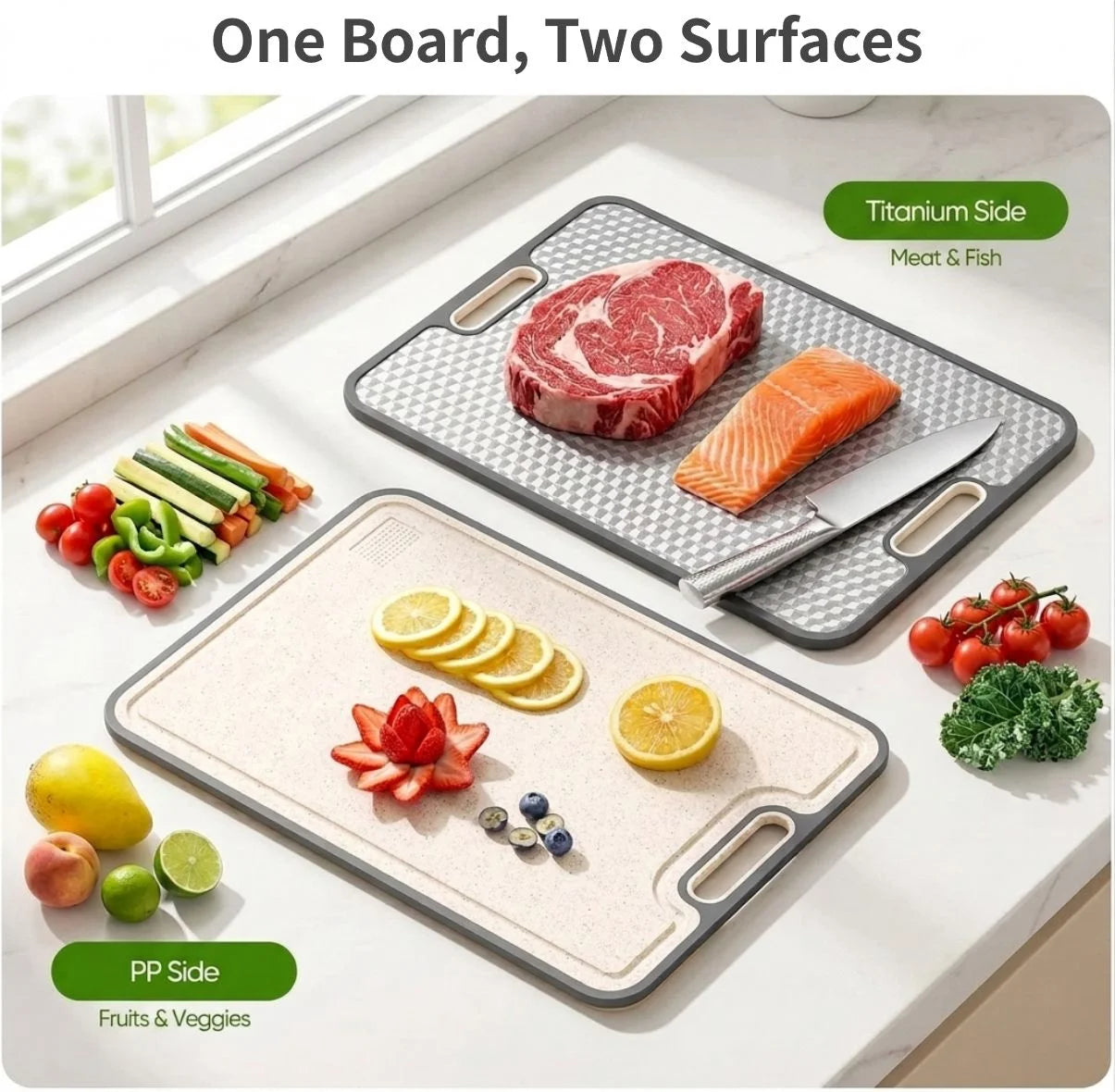 Titanium Cutting Board for Kitchen Double-sided Chopping Boards 16"x11", for Meat, Fruit and Vegetable Food Preparation