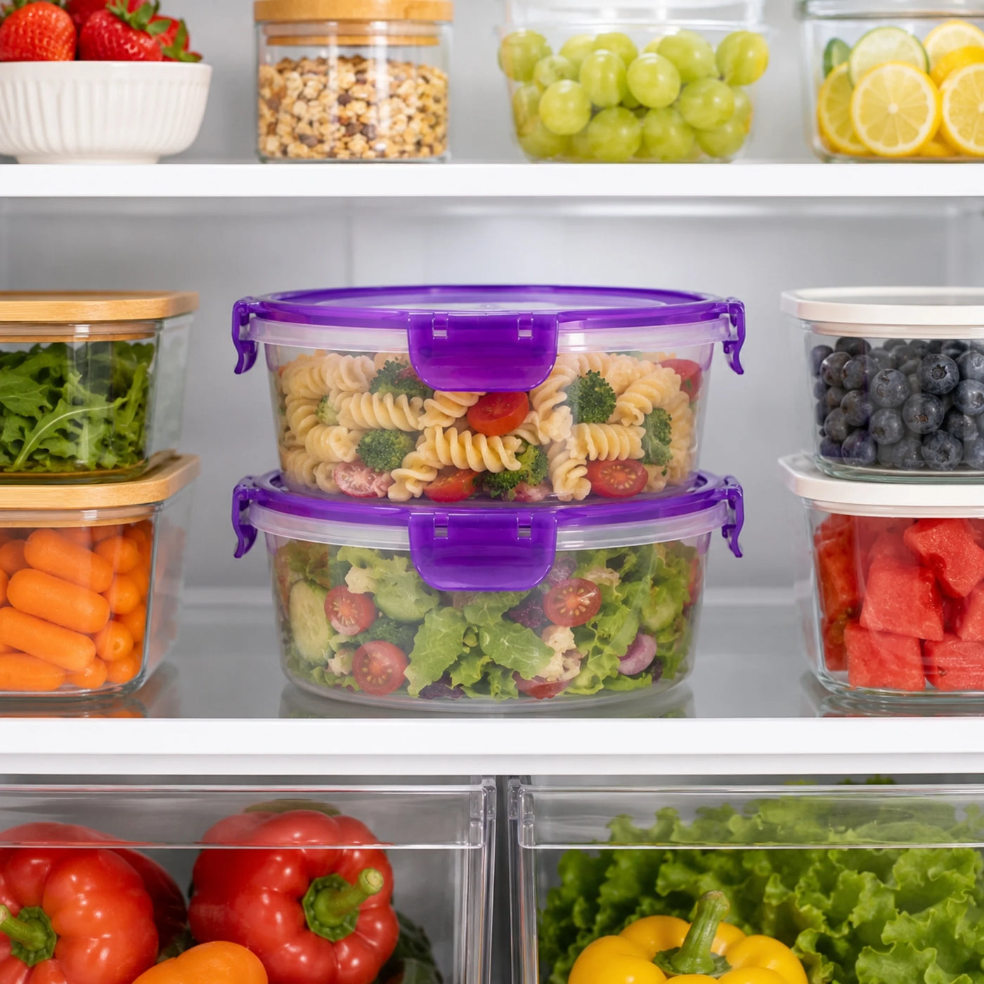 (2) Round Food Storage Container with Purple Locking Lid, 51 Oz Capacity BPA-FREE Reusable Meal Prep Bowl