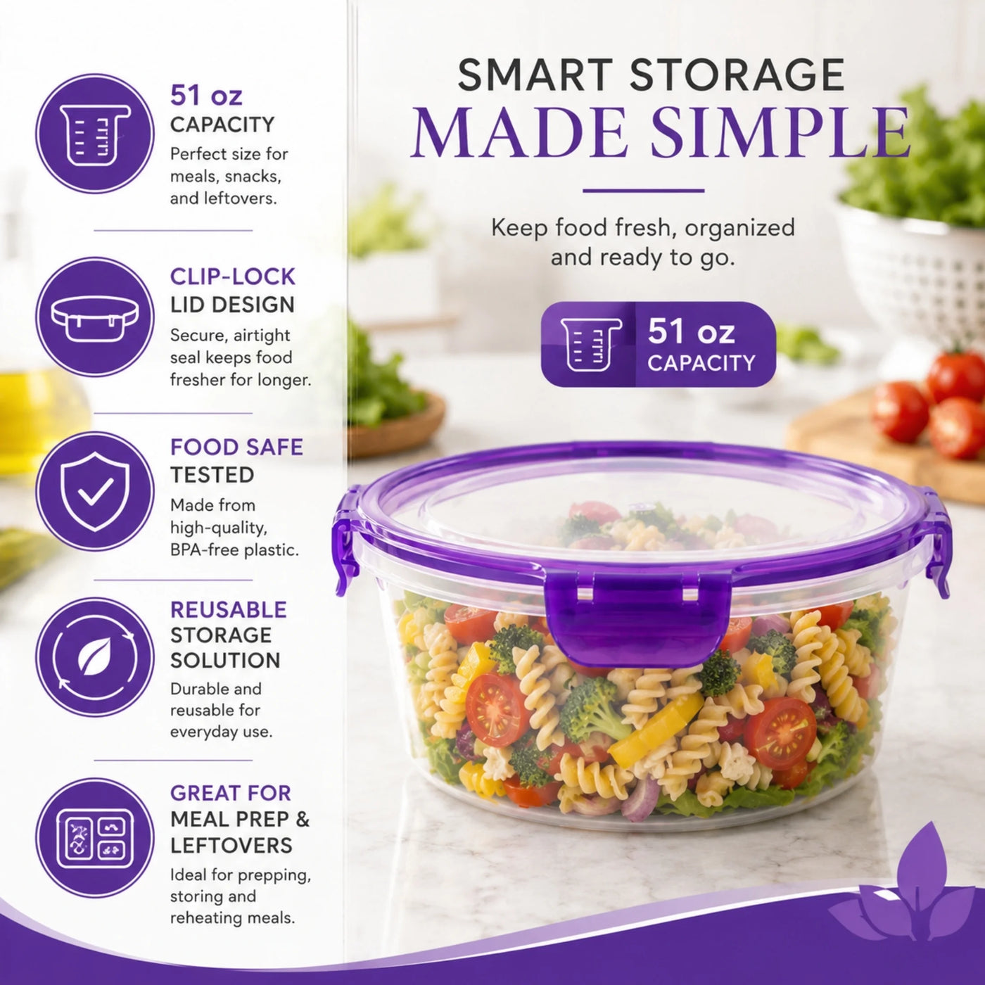 Round Food Storage Container with Purple Locking Lid, 51 Oz Capacity BPA-FREE Reusable Meal Prep Bowl