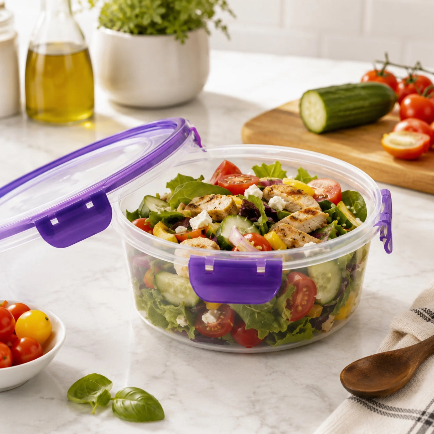 Round Food Storage Container with Purple Locking Lid, 51 Oz Capacity BPA-FREE Reusable Meal Prep Bowl