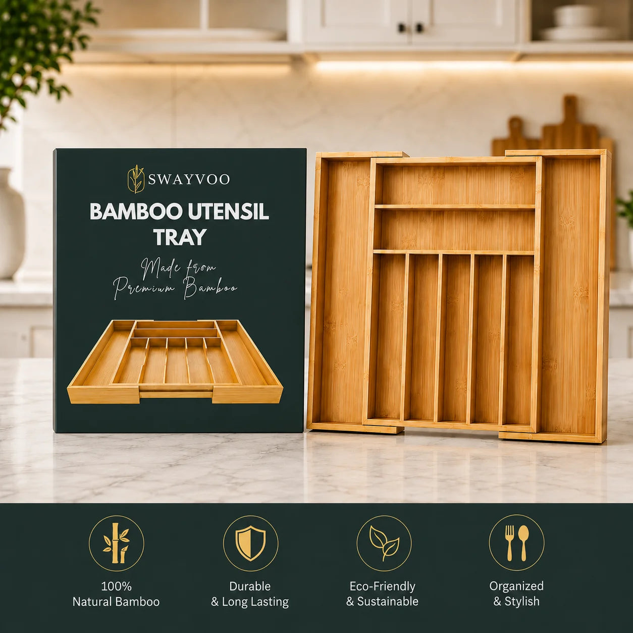 Bamboo Silverware Organizer, 9-Slot Expandable Kitchen Drawer Organizer, Utensil Holder and Cutlery Tray with Grooved Dividers, Knife Storage