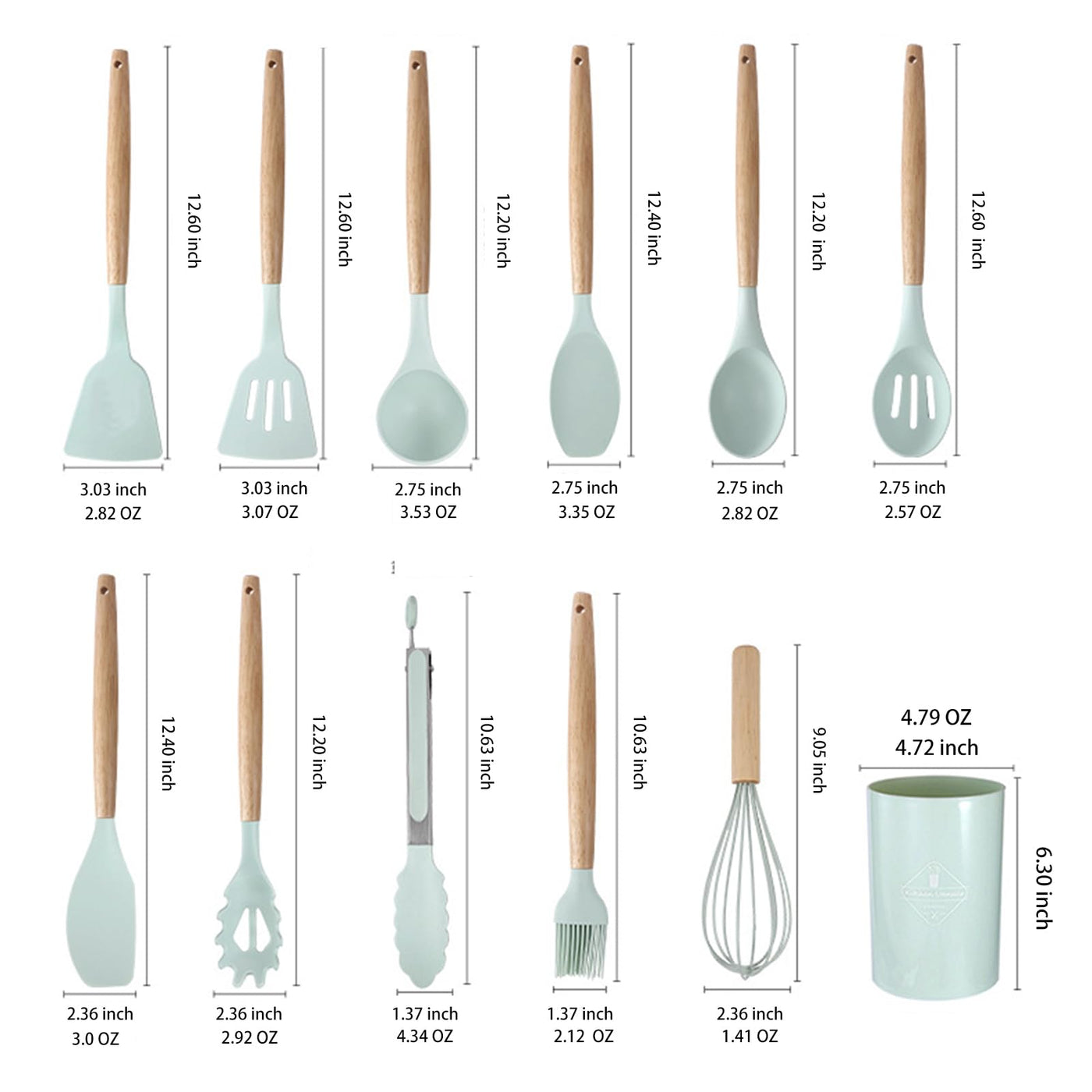 Silicone Kitchen Utensils with Holder Set (12-pack), Heat Resistant Nonstick Cooking Tools for Baking, Frying and Stirring, with Wooden Handle (aqua)