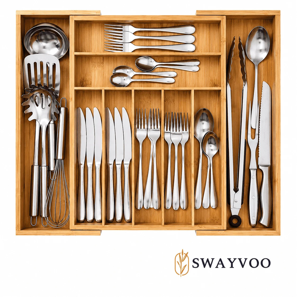 Bamboo Silverware Organizer, 9-Slot Expandable Kitchen Drawer Organizer, Utensil Holder and Cutlery Tray with Grooved Dividers, Knife Storage