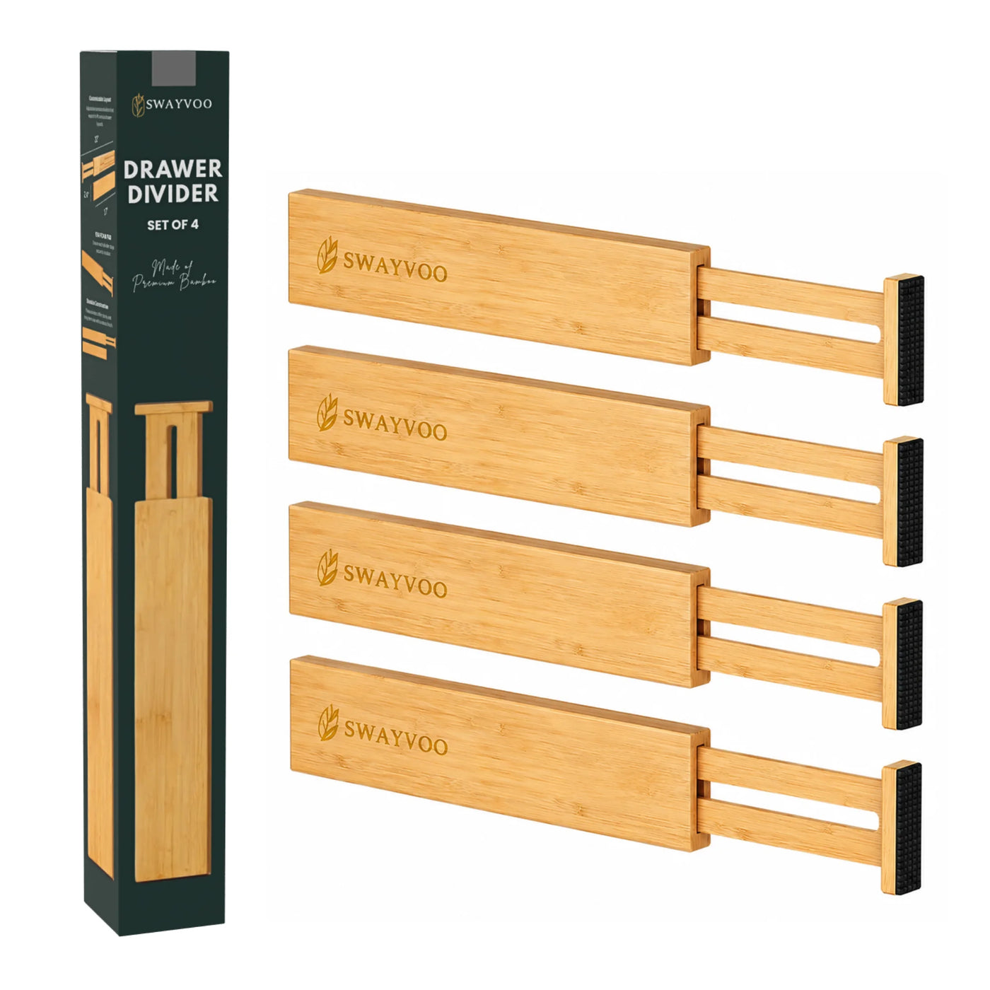 Bamboo Drawer Dividers, 4-Pack Adjustable Drawer Organizer Separators for Kitchen, Bedroom, Bathroom, Cabinet, Office and Dresser Storage (17–22"