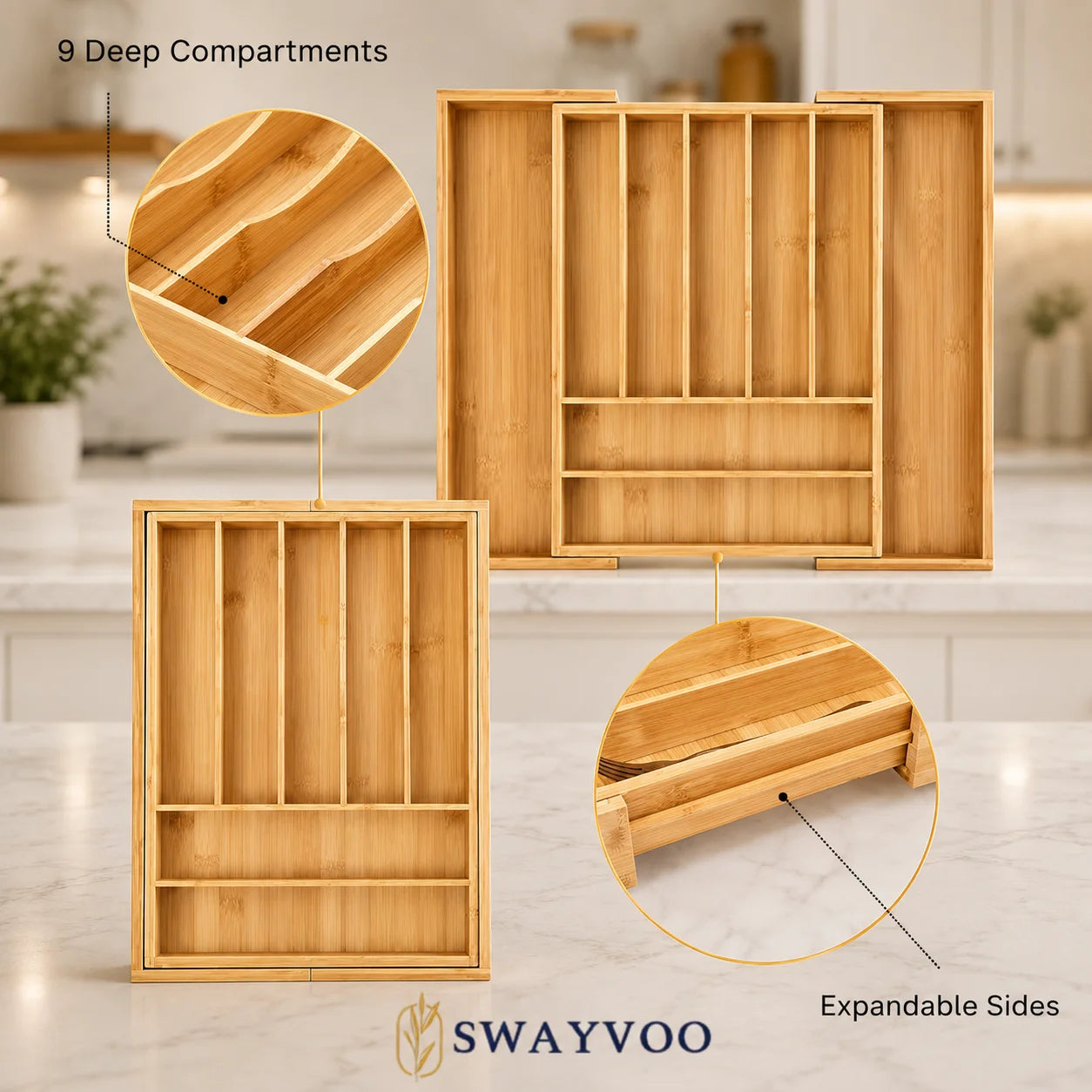 Bamboo Silverware Organizer, 9-Slot Expandable Kitchen Drawer Organizer, Utensil Holder and Cutlery Tray with Grooved Dividers, Knife Storage