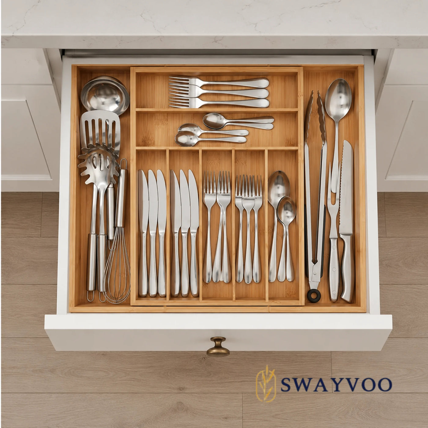 Bamboo Silverware Organizer, 9-Slot Expandable Kitchen Drawer Organizer, Utensil Holder and Cutlery Tray with Grooved Dividers, Knife Storage