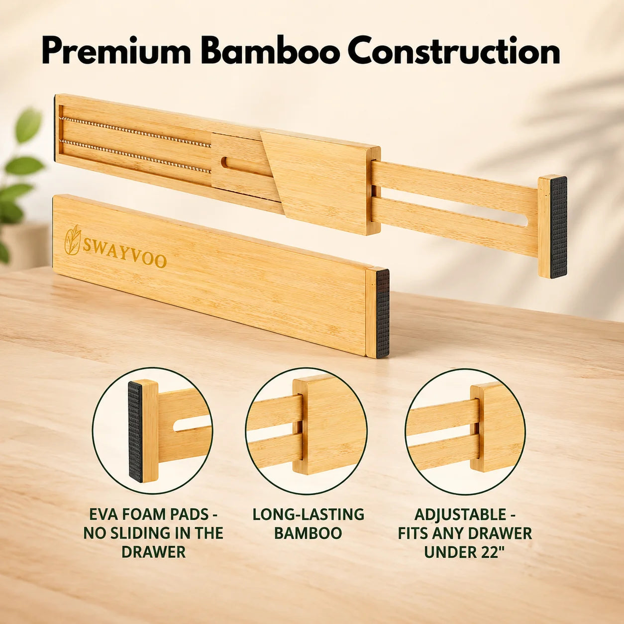 Bamboo Drawer Dividers, 4-Pack Adjustable Drawer Organizer Separators for Kitchen, Bedroom, Bathroom, Cabinet, Office and Dresser Storage (17–22"