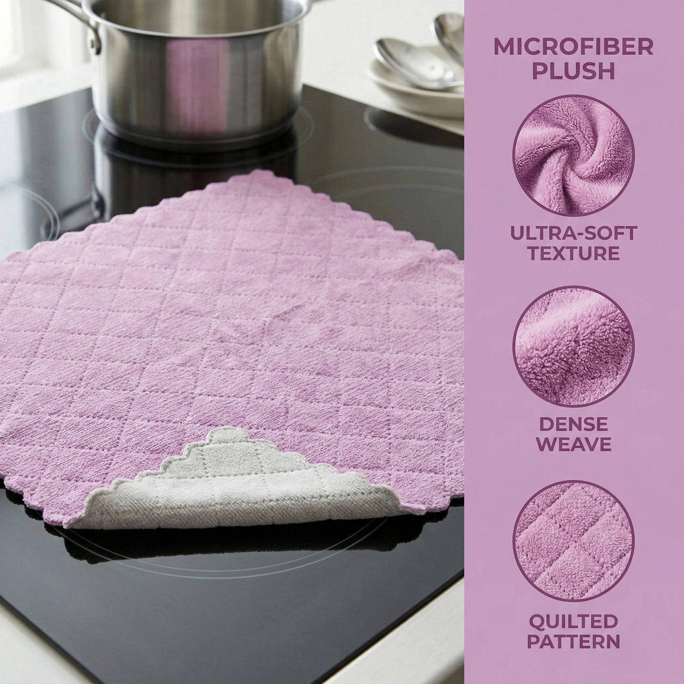 6-Pack Absorbent Cleaning Towels Purple Grey 10"x10", for Drying Dishes, Wiping Counters and Everyday Kitchen Cleaning