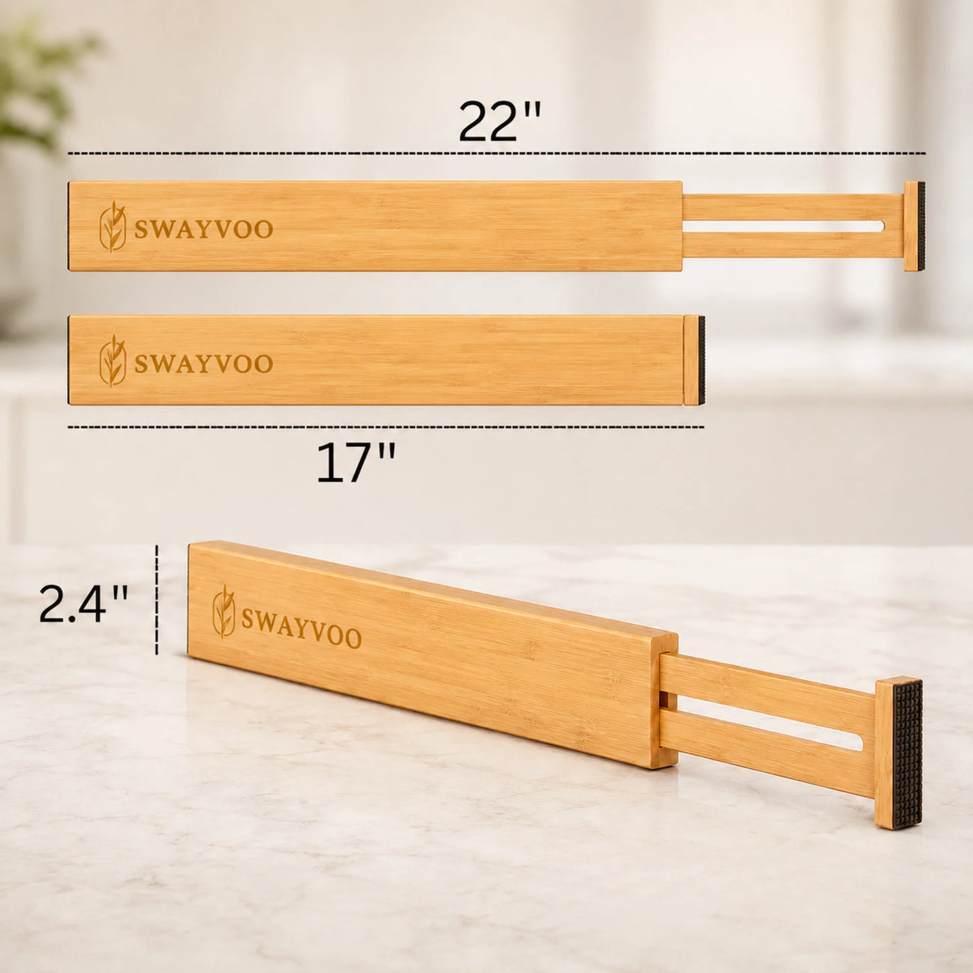 Bamboo Drawer Dividers, 4-Pack Adjustable Drawer Organizer Separators for Kitchen, Bedroom, Bathroom, Cabinet, Office and Dresser Storage (17–22"