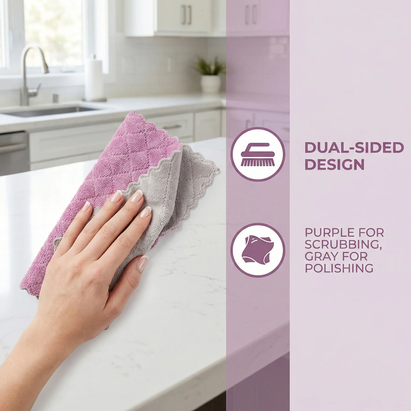 6-Pack Absorbent Cleaning Towels Purple Grey 10"x10", for Drying Dishes, Wiping Counters and Everyday Kitchen Cleaning