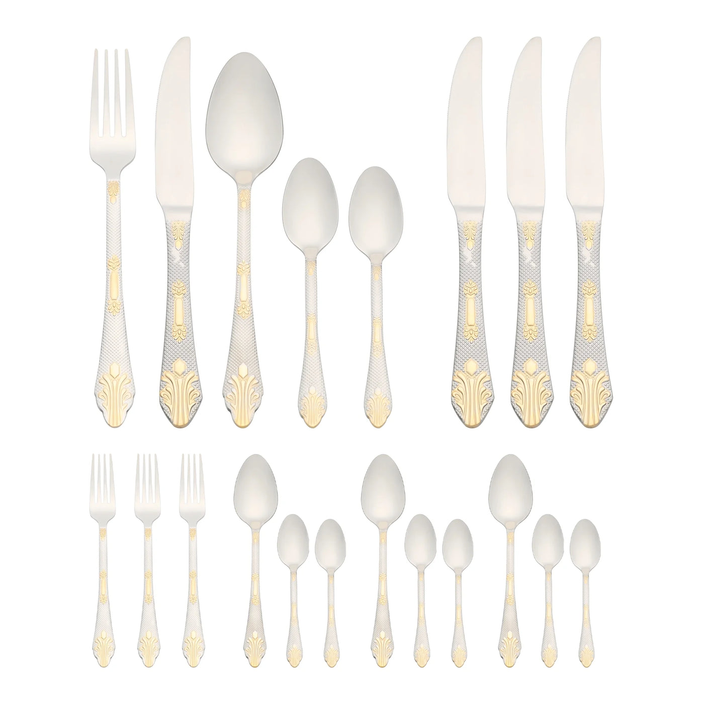 20-Piece Stainless Steel Floral Flatware Set for 4 Silver/Gold, for Everyday Home Kitchen Cooking, Storage and Organization