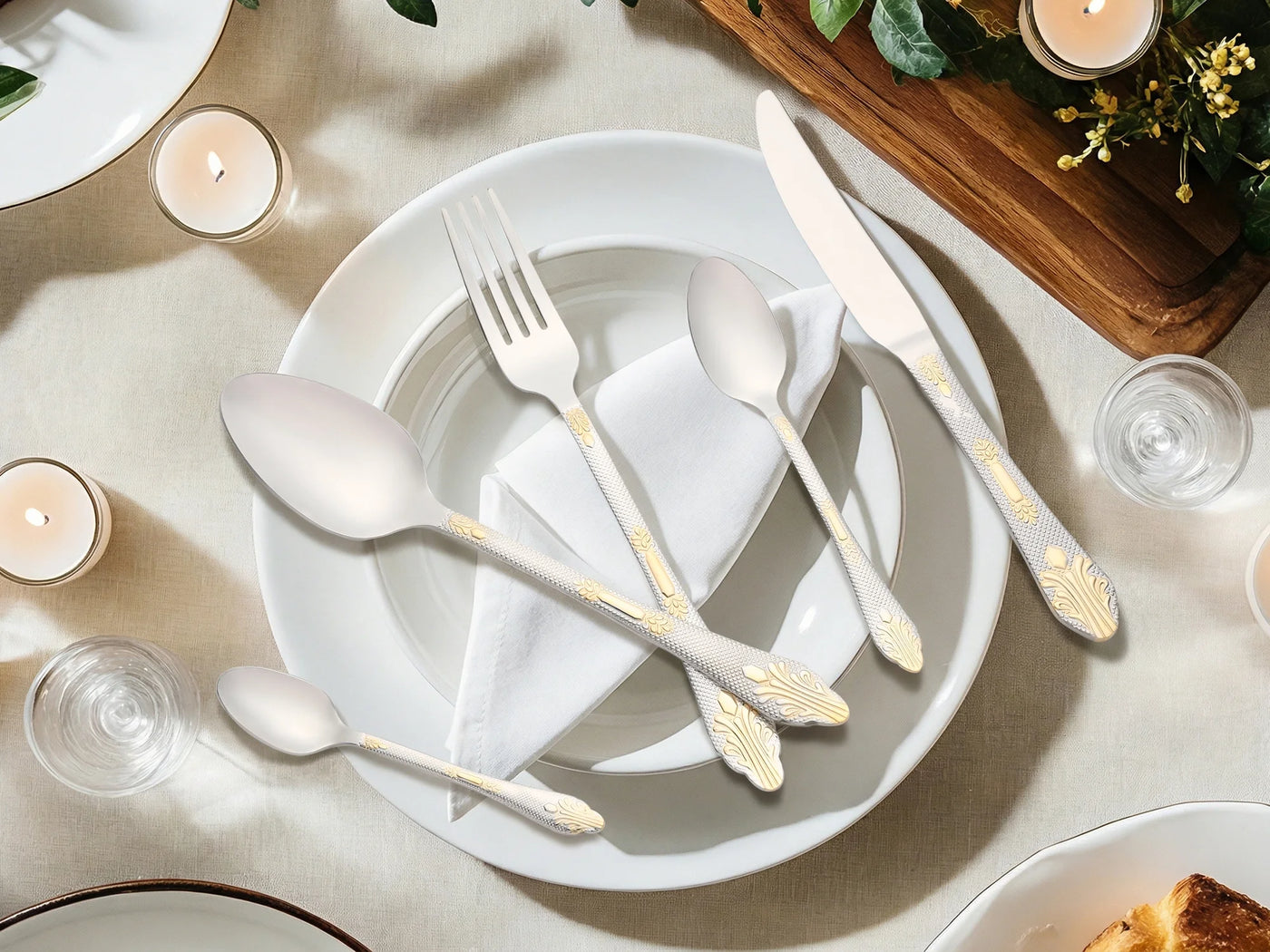 20-Piece Stainless Steel Floral Flatware Set for 4 Silver/Gold, for Everyday Home Kitchen Cooking, Storage and Organization