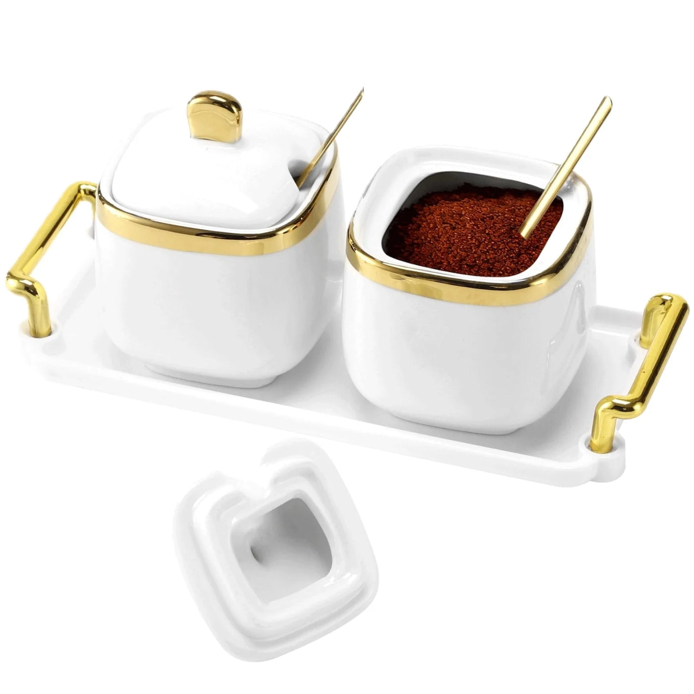 2-Piece Ceramic Sugar Bowl Set with Tray, 12 Oz Spice Container, Salt Bowl with Lid and Spoon, Modern Seasoning Storage Jar for Home and Kitchen