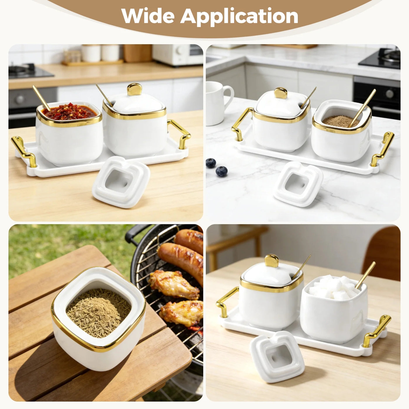 2-Piece Ceramic Sugar Bowl Set with Tray, 12 Oz Spice Container, Salt Bowl with Lid and Spoon, Modern Seasoning Storage Jar for Home and Kitchen