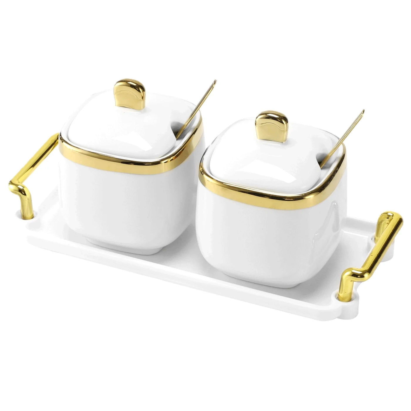 2-Piece Ceramic Sugar Bowl Set with Tray, 12 Oz Spice Container, Salt Bowl with Lid and Spoon, Modern Seasoning Storage Jar for Home and Kitchen