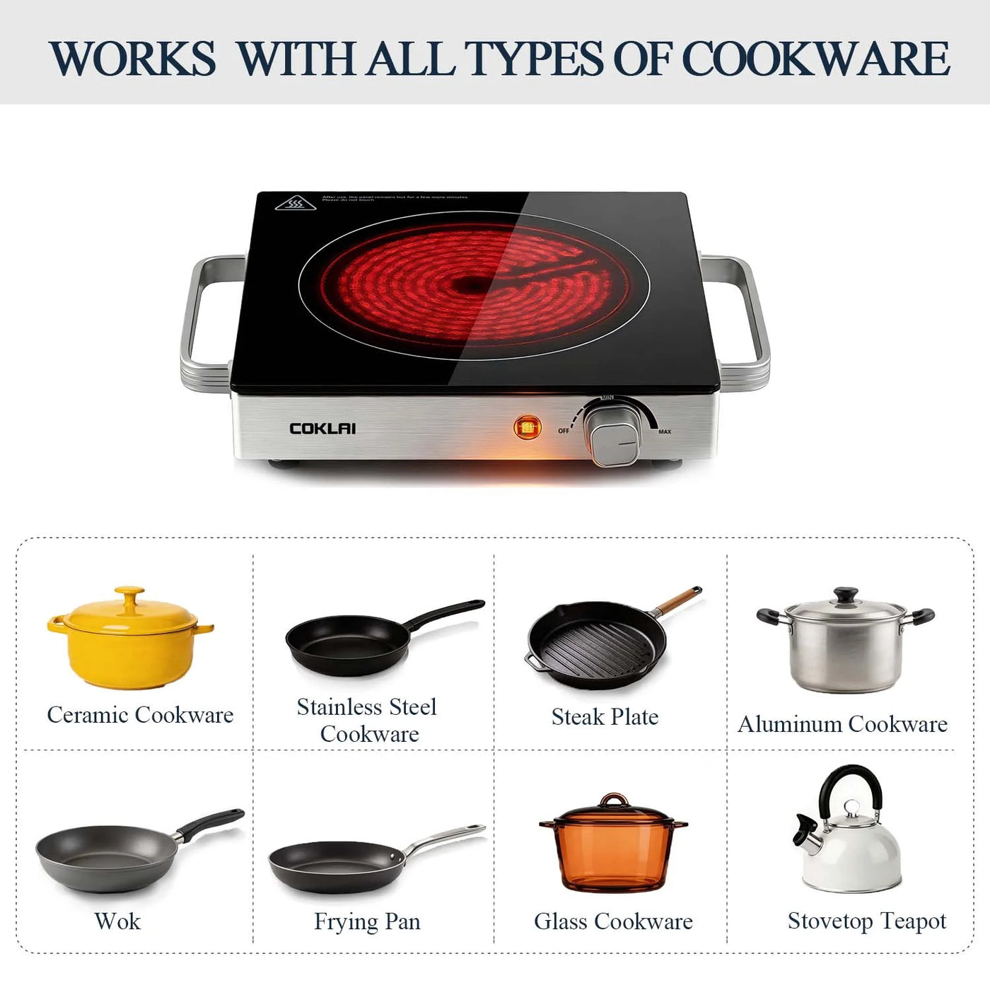Glass Electric Hot Plate, Portable Single Burner with Adjustable Temperature, Easy-clean Surface, Compact Cooktop for Kitchen, Dorm, RV and Camping