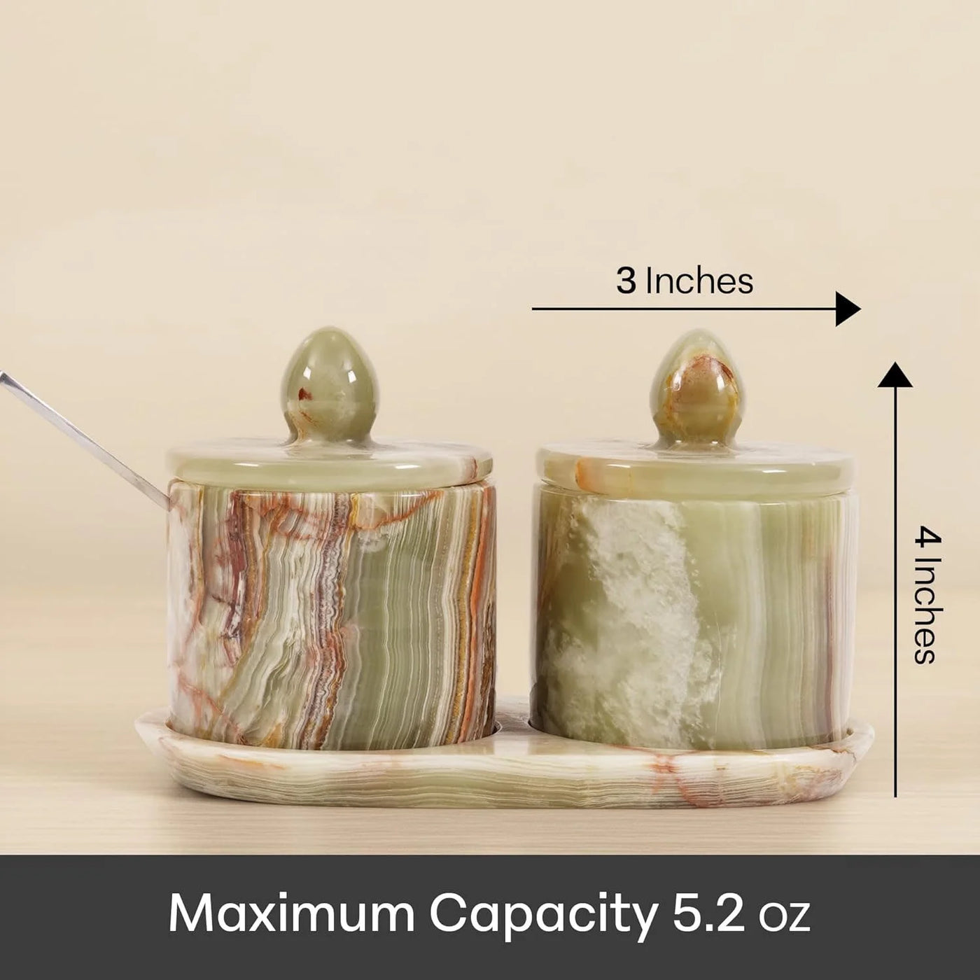 Marble Salt Cellar with Lid 4 Inch Green Handmade Set of 2 Seasoning Jars with Tray, Ideal Table Salt Container Salt Dish and Sugar Bowl for Kitchen