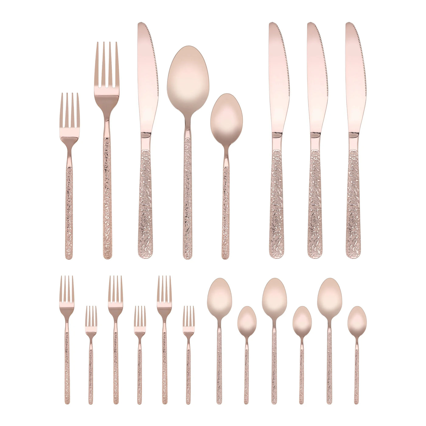 20-Piece Stainless Steel Flatware Set with Texture and Mirror Rose Gold, for Everyday Home Kitchen Cooking, Storage and Organization