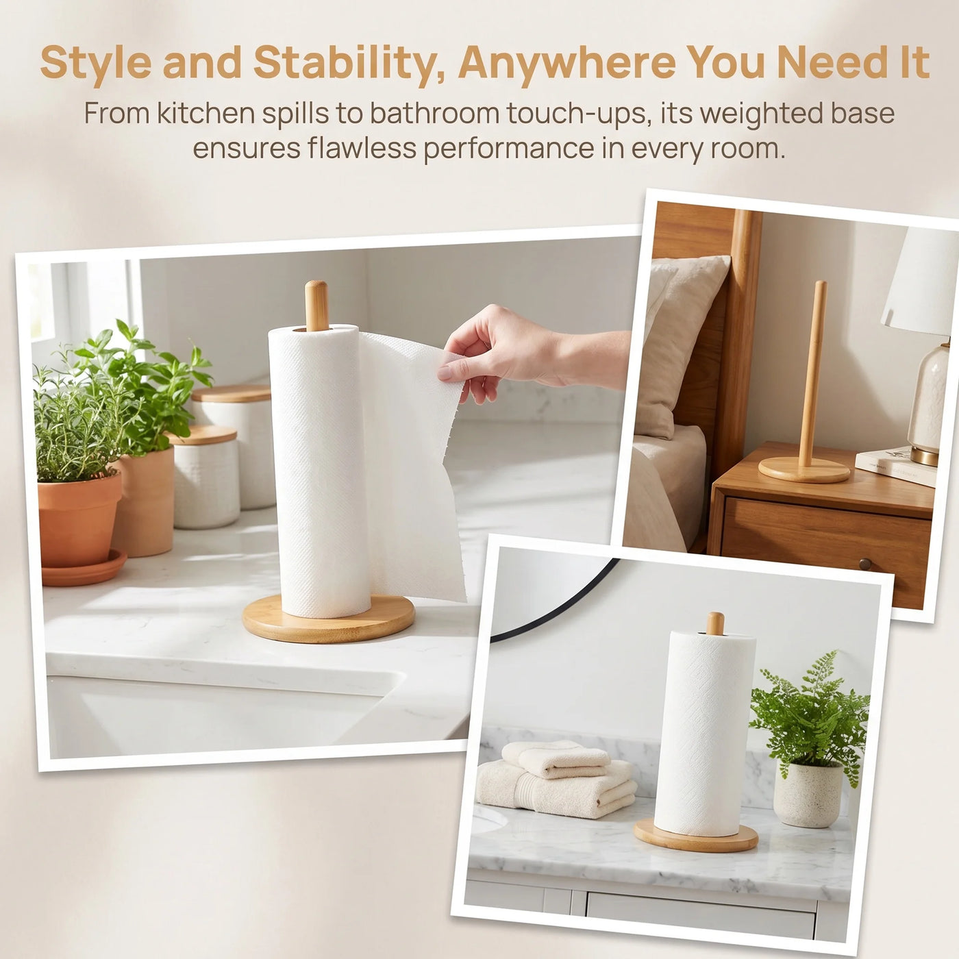Paper Towel Holder Countertop Durable Base Wood Natural E 11x6.3inch, for Drying Dishes, Wiping Counters and Everyday Kitchen Cleaning