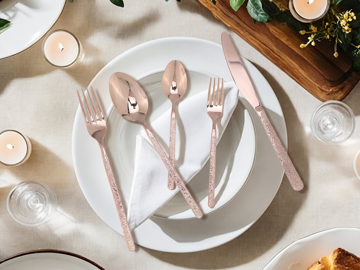 20-Piece Stainless Steel Flatware Set with Texture and Mirror Rose Gold, for Everyday Home Kitchen Cooking, Storage and Organization