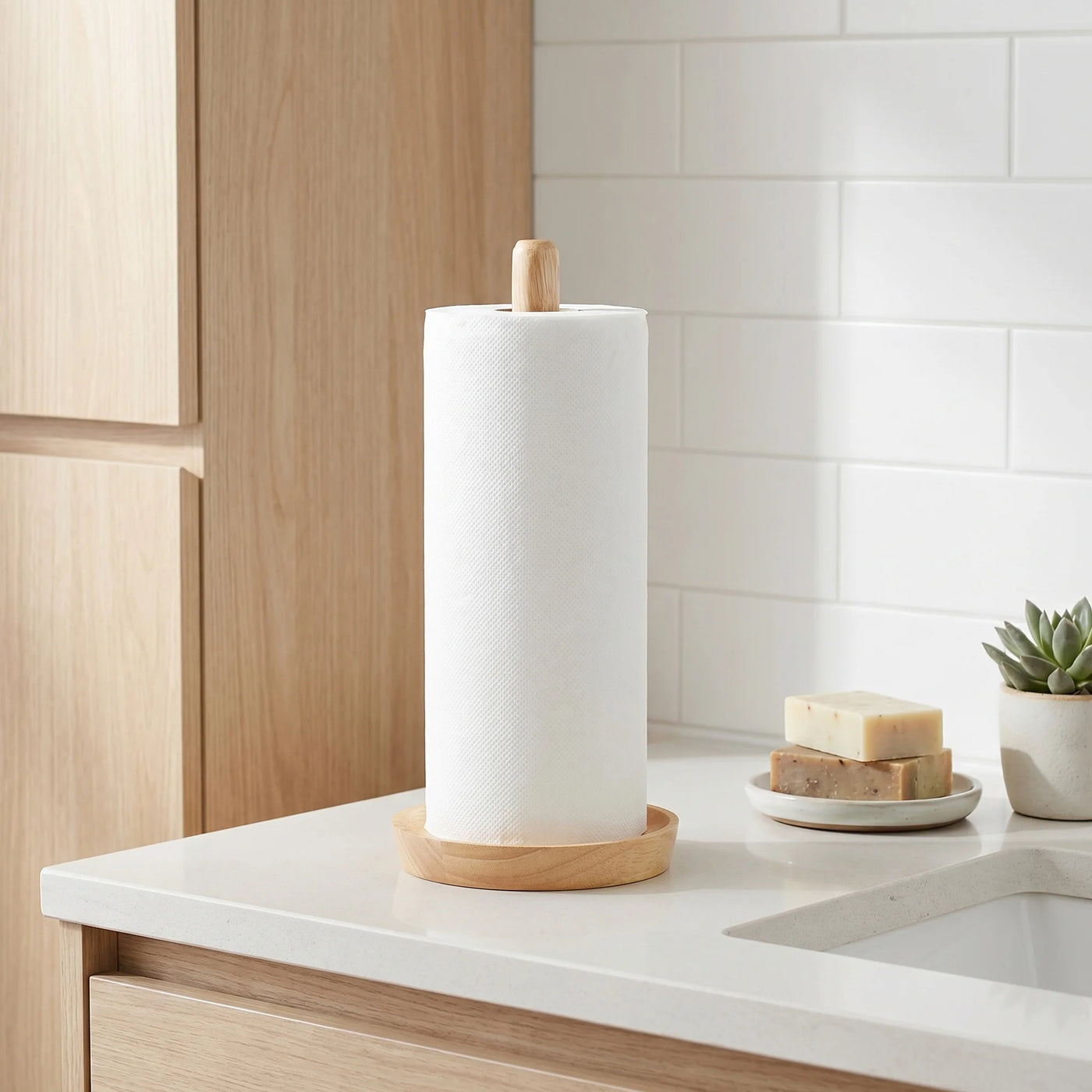 Paper Towel Holder Countertop Non-slip Base Wood Light Brown 12x5.9inch, for Drying Dishes, Wiping Counters and Everyday Kitchen Cleaning