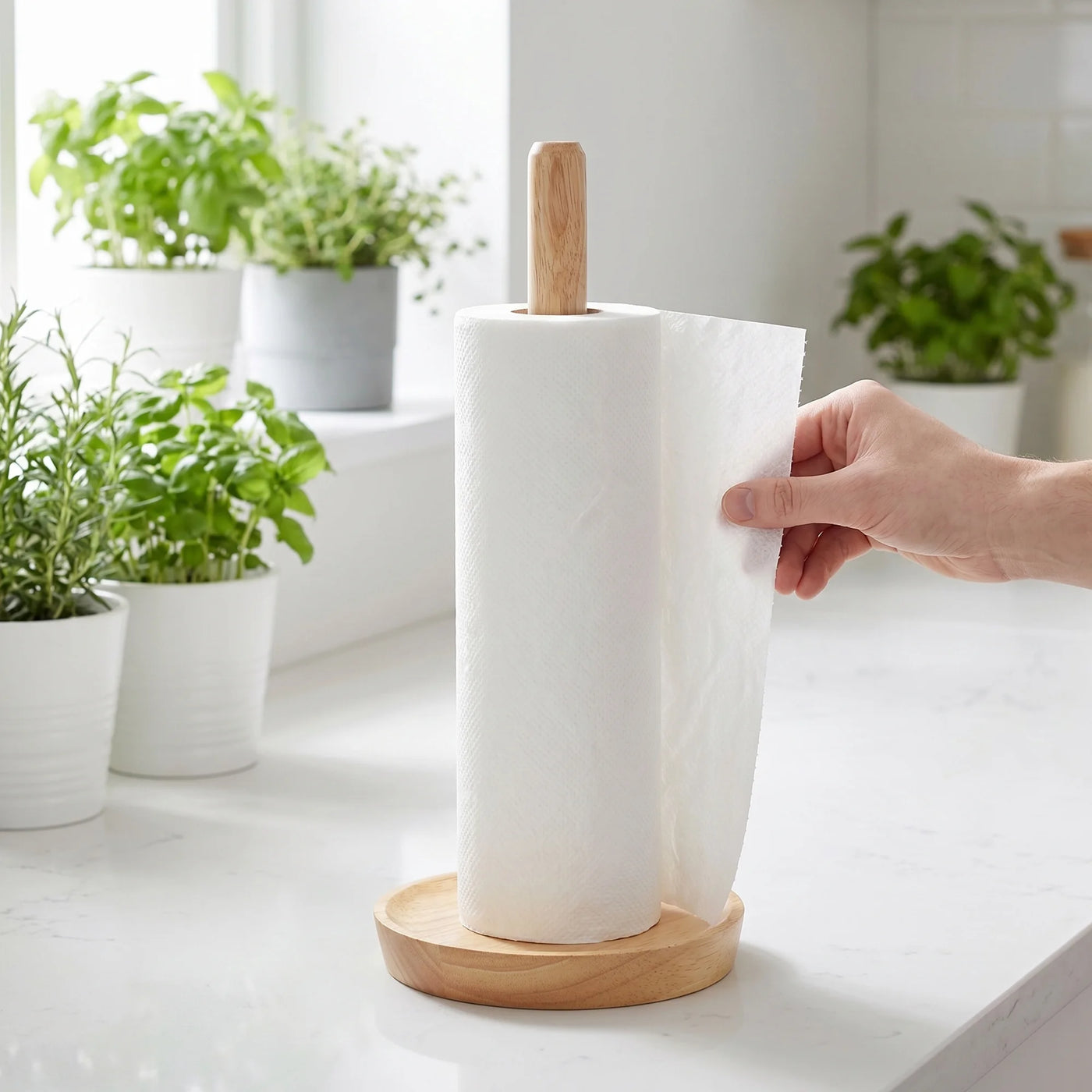 Paper Towel Holder Countertop Non-slip Base Wood Light Brown 12x5.9inch, for Drying Dishes, Wiping Counters and Everyday Kitchen Cleaning