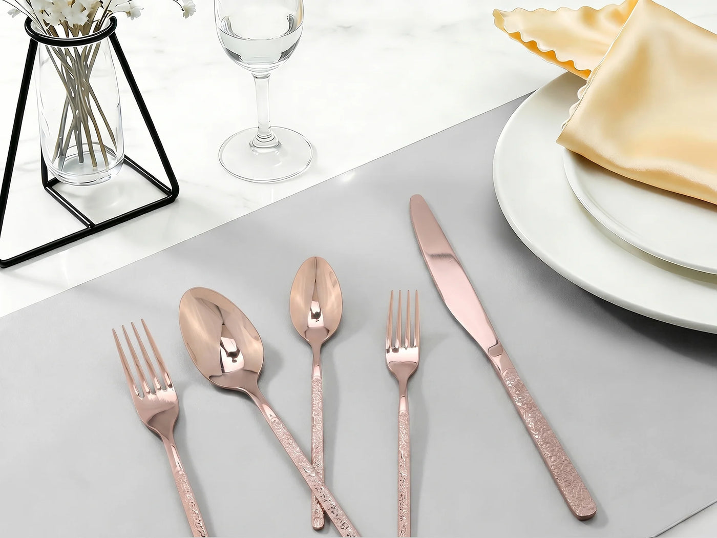 20-Piece Stainless Steel Flatware Set with Texture and Mirror Rose Gold, for Everyday Home Kitchen Cooking, Storage and Organization