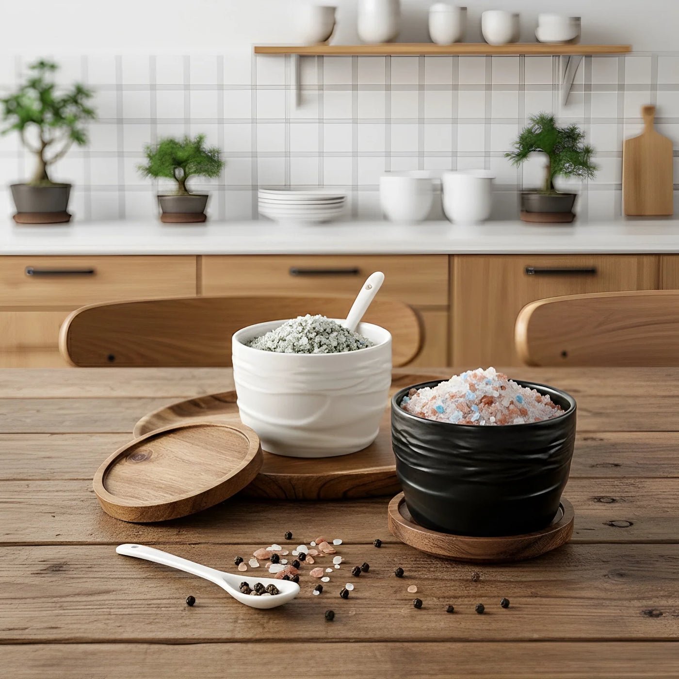 2-Piece Ceramic Salt and Pepper Containers Set, Japanese-style Spice Jar with Wooden Lid, Kitchen Spice Organizers and Storage, Dual Spoons