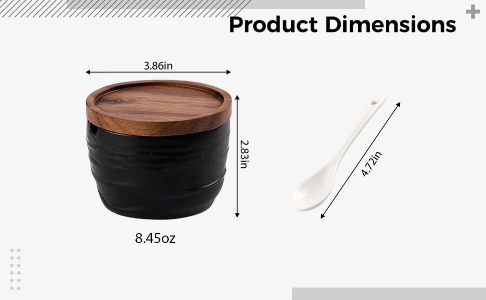 2-Piece Ceramic Salt and Pepper Containers Set, Japanese-style Spice Jar with Wooden Lid, Kitchen Spice Organizers and Storage, Dual Spoons