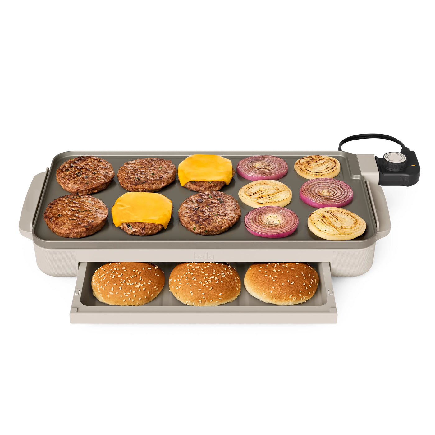 10" X 18" Nonstick Ceramic Griddle with Warming Tray, Oatmilk, for Everyday Home Kitchen Cooking, Storage and Organization