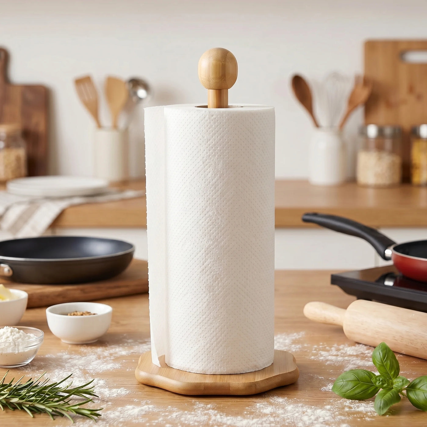 Paper Towel Holder Countertop Non Slip Base Wood Natural E 11.6x6.3inch, for Drying Dishes, Wiping Counters and Everyday Kitchen Cleaning