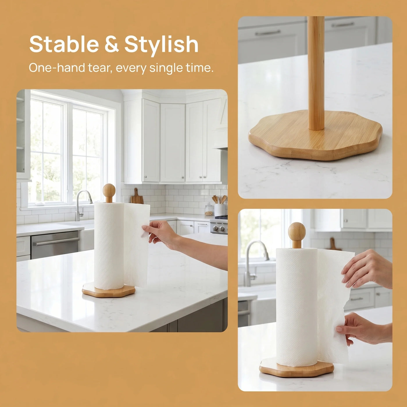 Paper Towel Holder Countertop Non Slip Base Wood Natural E 11.6x6.3inch, for Drying Dishes, Wiping Counters and Everyday Kitchen Cleaning