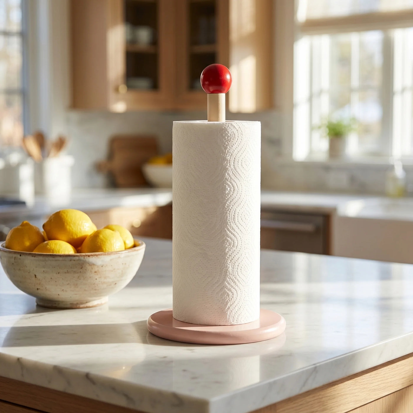 Paper Towel Holder Countertop Weighted Base Dispenser Wood Pink 12x5.9in, for Drying Dishes, Wiping Counters and Everyday Kitchen Cleaning