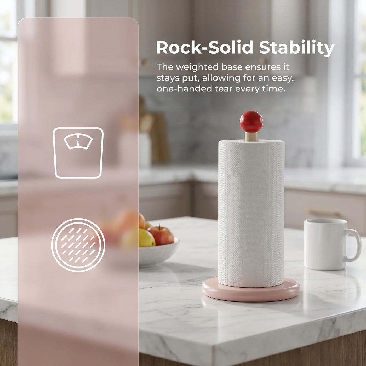 Paper Towel Holder Countertop Weighted Base Dispenser Wood Pink 12x5.9in, for Drying Dishes, Wiping Counters and Everyday Kitchen Cleaning
