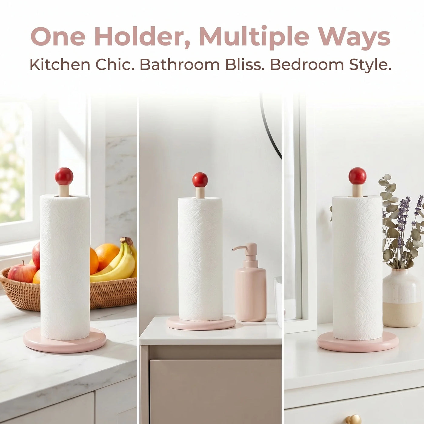 Paper Towel Holder Countertop Weighted Base Dispenser Wood Pink 12x5.9in, for Drying Dishes, Wiping Counters and Everyday Kitchen Cleaning