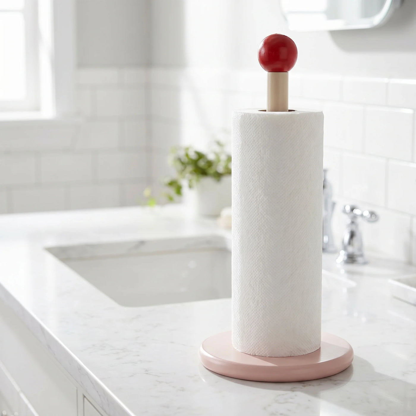 Paper Towel Holder Countertop Weighted Base Dispenser Wood Pink 12x5.9in, for Drying Dishes, Wiping Counters and Everyday Kitchen Cleaning