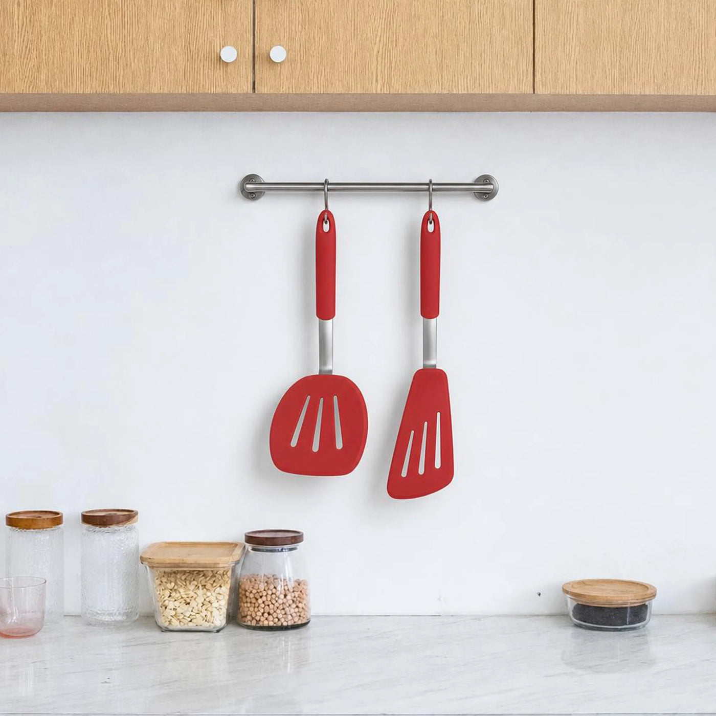 2-Pack Silicone Slotted Spatula Set for Nonstick Cookware, Heat Resistant Kitchen Turner Set for Frying, Cooking and Serving, Red