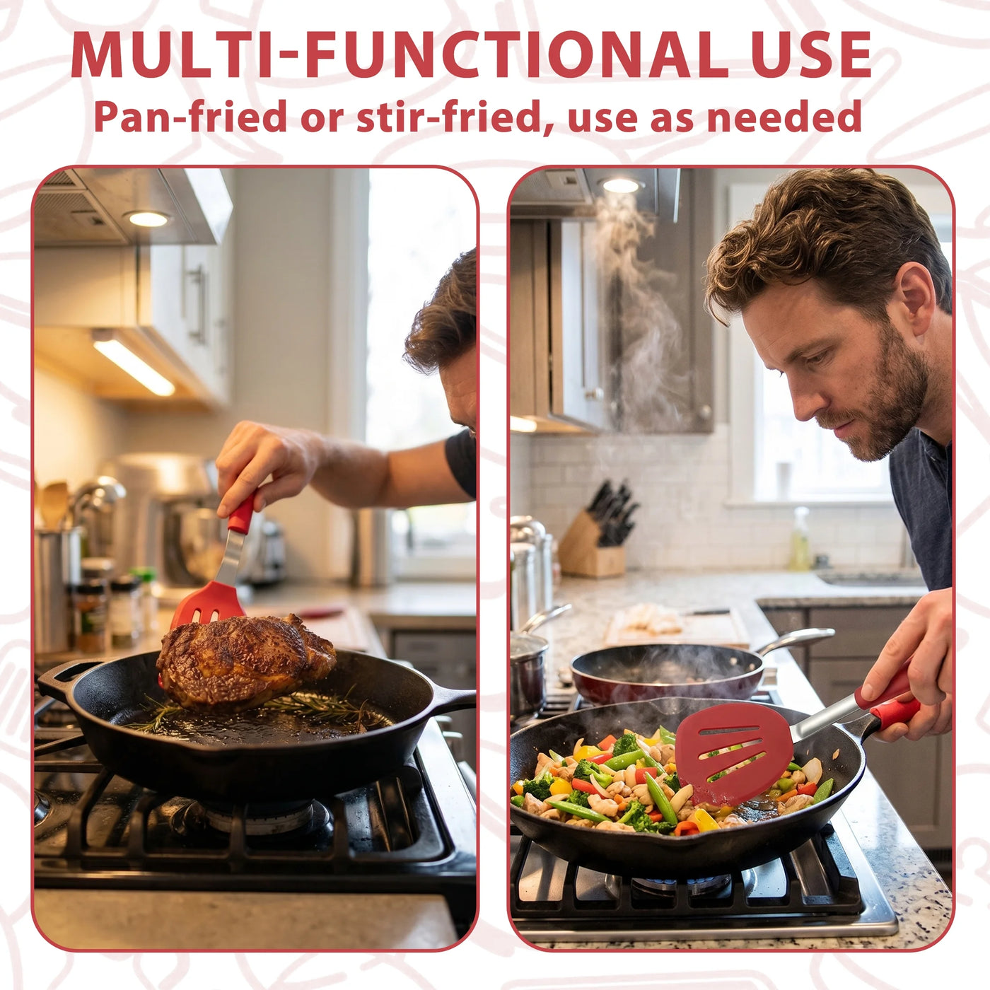 2-Pack Silicone Slotted Spatula Set for Nonstick Cookware, Heat Resistant Kitchen Turner Set for Frying, Cooking and Serving, Red
