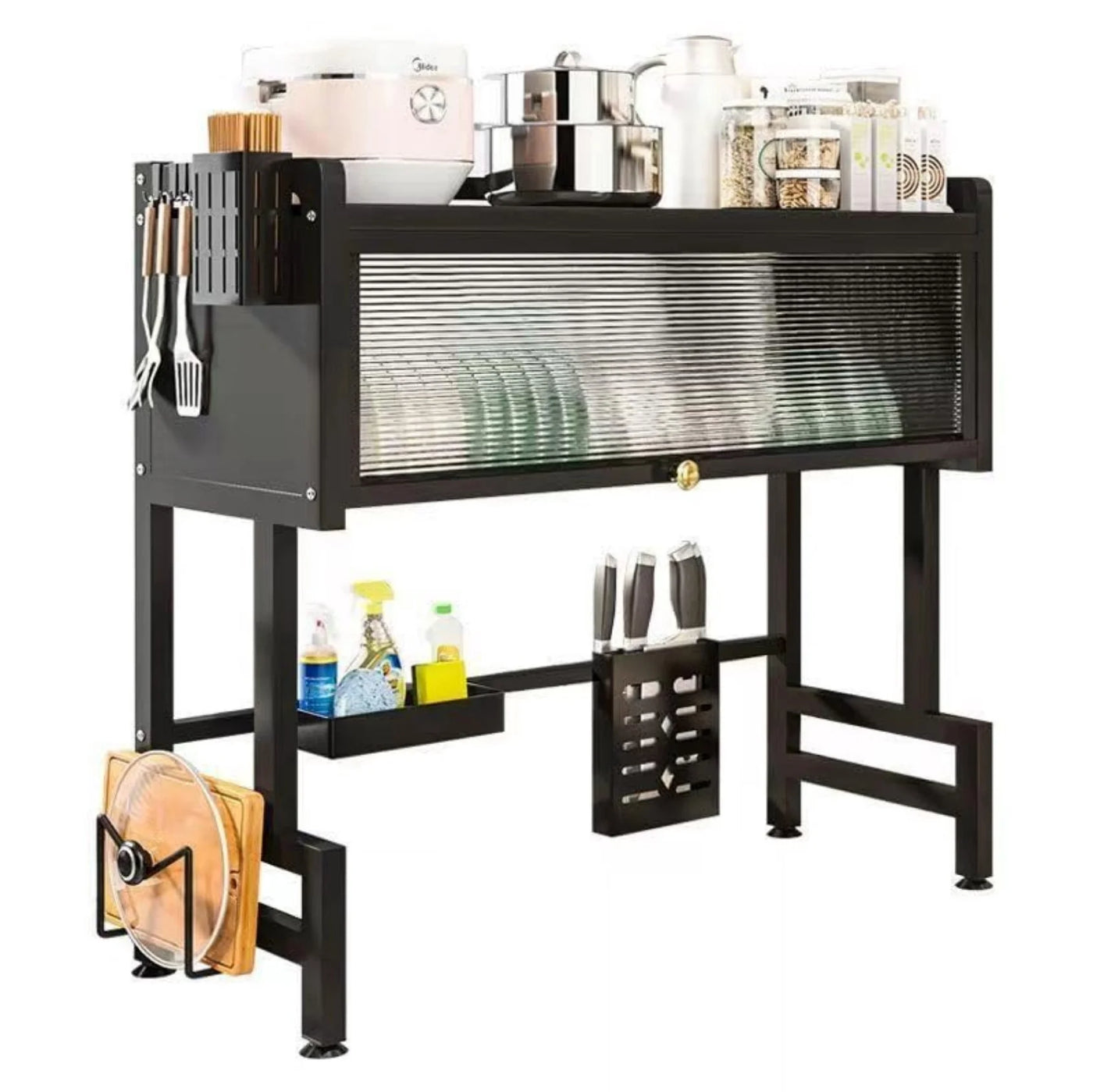 Over Sink Dish Drying Rack with Door, 33 Inch Space Saving Over Sink Dish Rack with Cover, Metal Dish Drainer with Cutlery Holder, Black