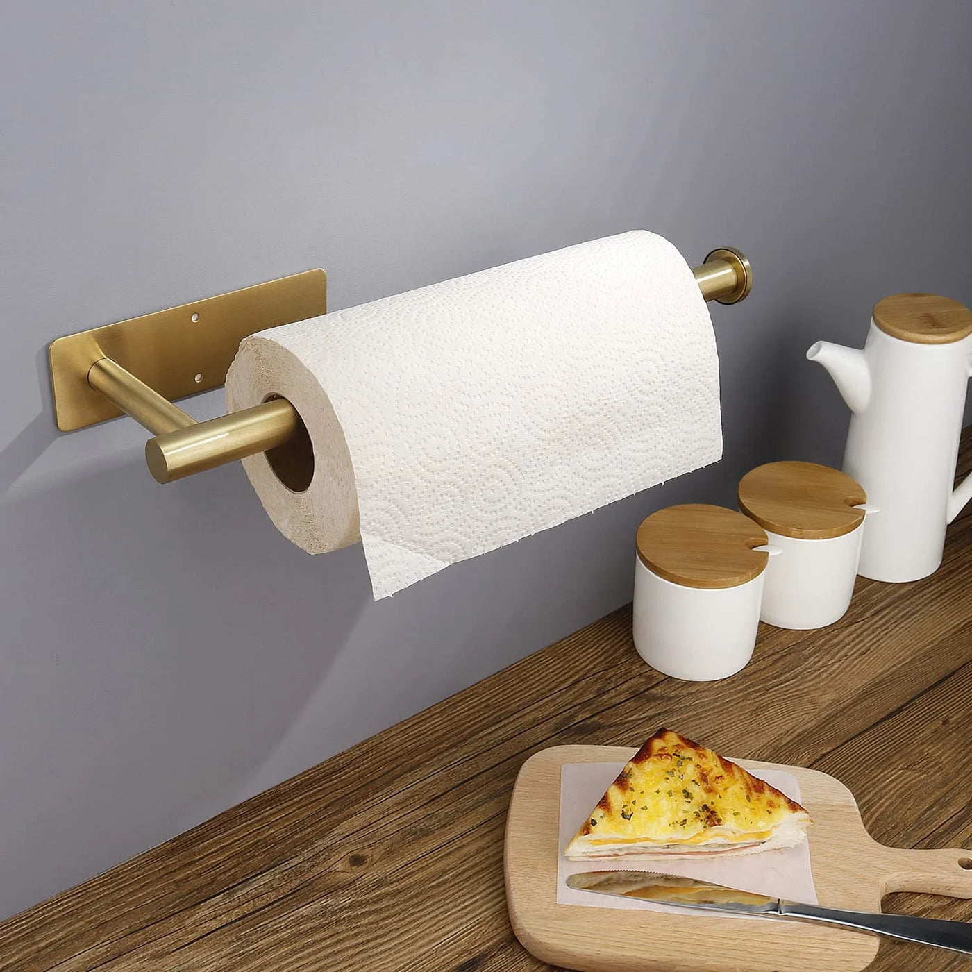 Gold Sus304 Stainless Steel Paper Towel Holder, Adhesive Punch-free Under Cabinet Tissue Roll Rack, Matte Metal Wall Mount Organizer for Kitchen