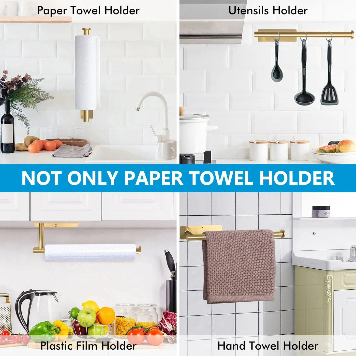Gold Sus304 Stainless Steel Paper Towel Holder, Adhesive Punch-free Under Cabinet Tissue Roll Rack, Matte Metal Wall Mount Organizer for Kitchen