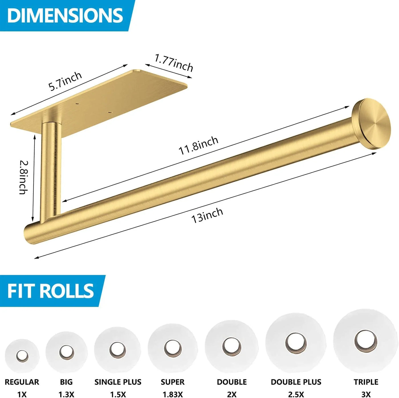 Gold Sus304 Stainless Steel Paper Towel Holder, Adhesive Punch-free Under Cabinet Tissue Roll Rack, Matte Metal Wall Mount Organizer for Kitchen