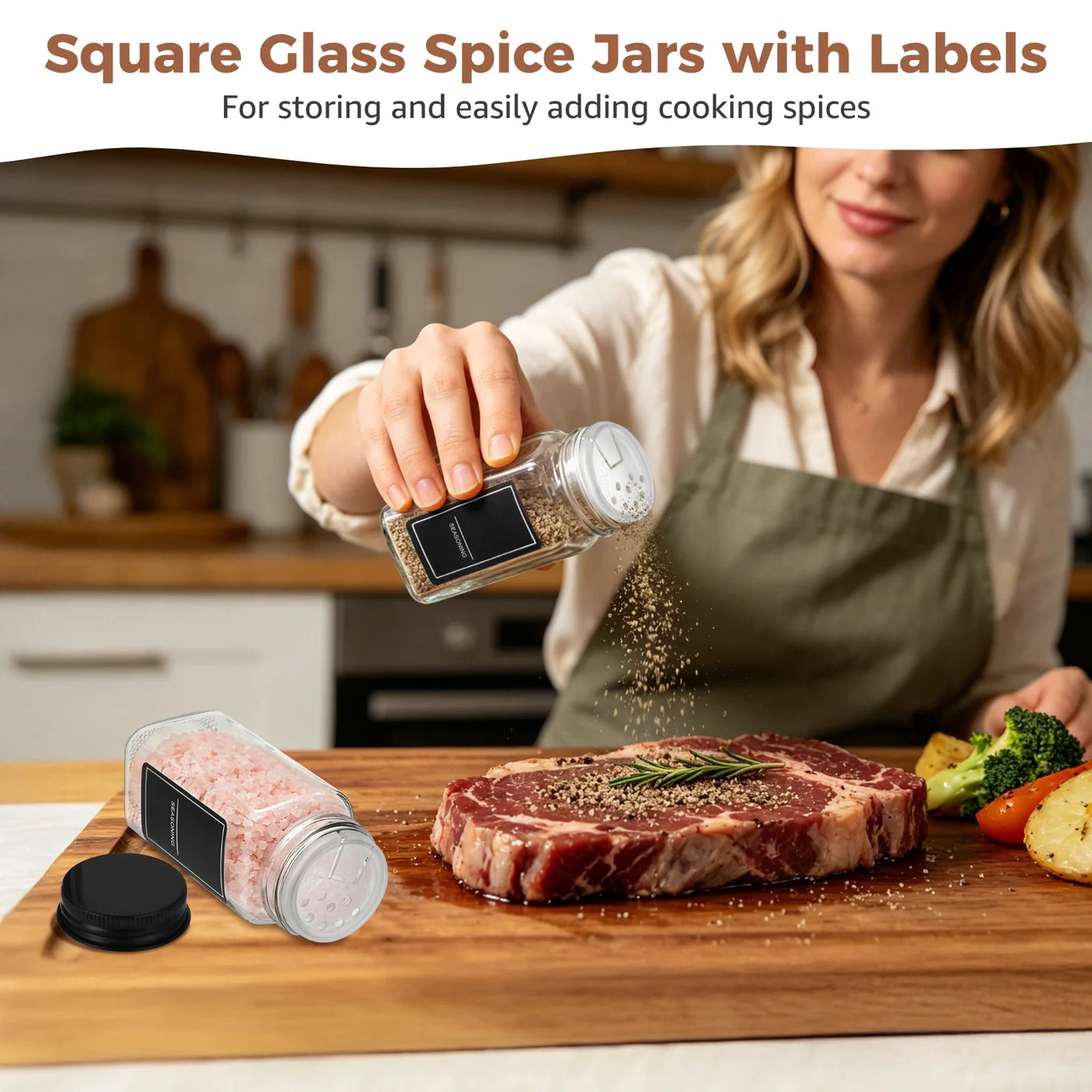 24-Pack 4 Fl Oz Square Glass Spice Jars with 24 Shaker Inserts, Airtight Lids, and Comprehensive Label Set