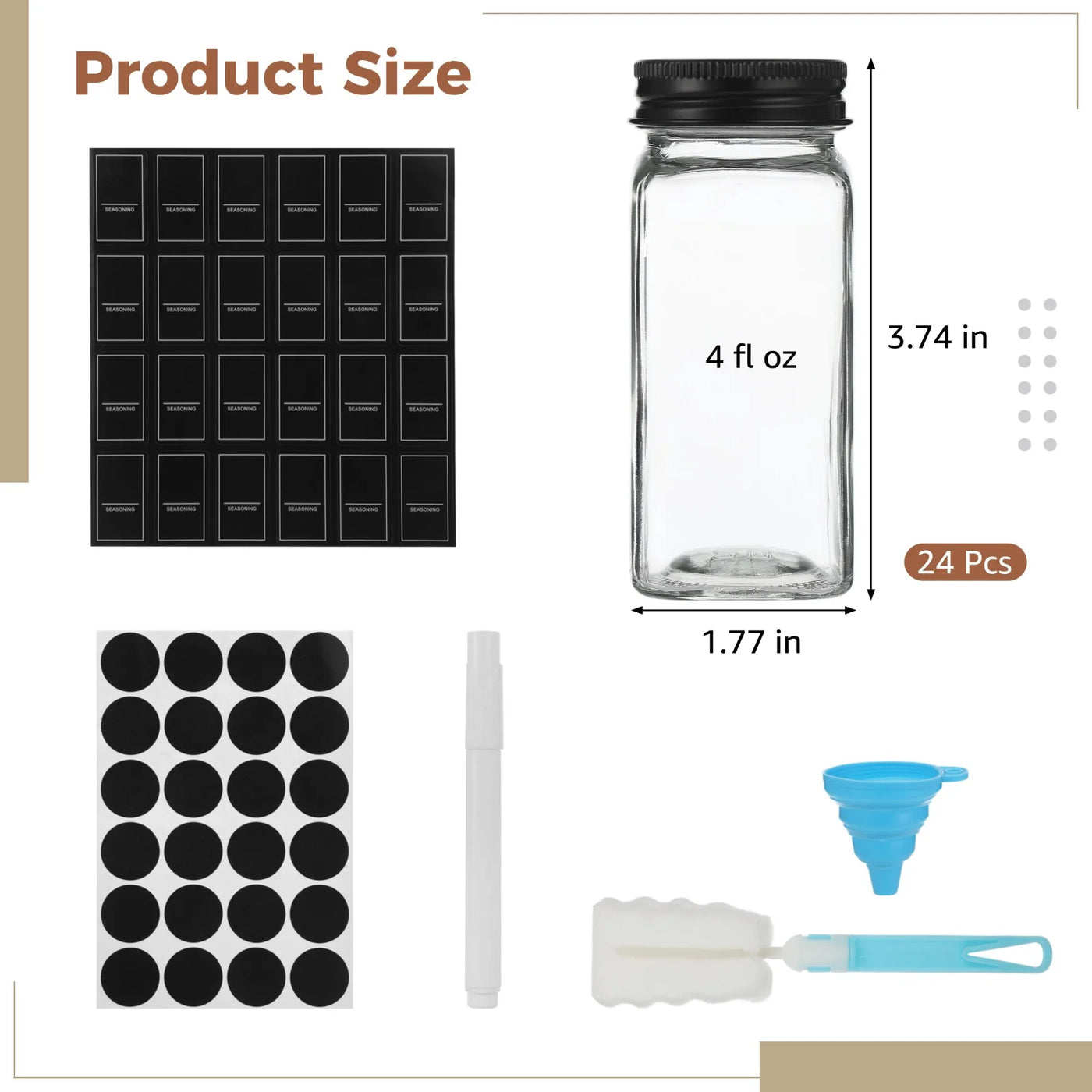 24-Pack 4 Fl Oz Square Glass Spice Jars with 24 Shaker Inserts, Airtight Lids, and Comprehensive Label Set