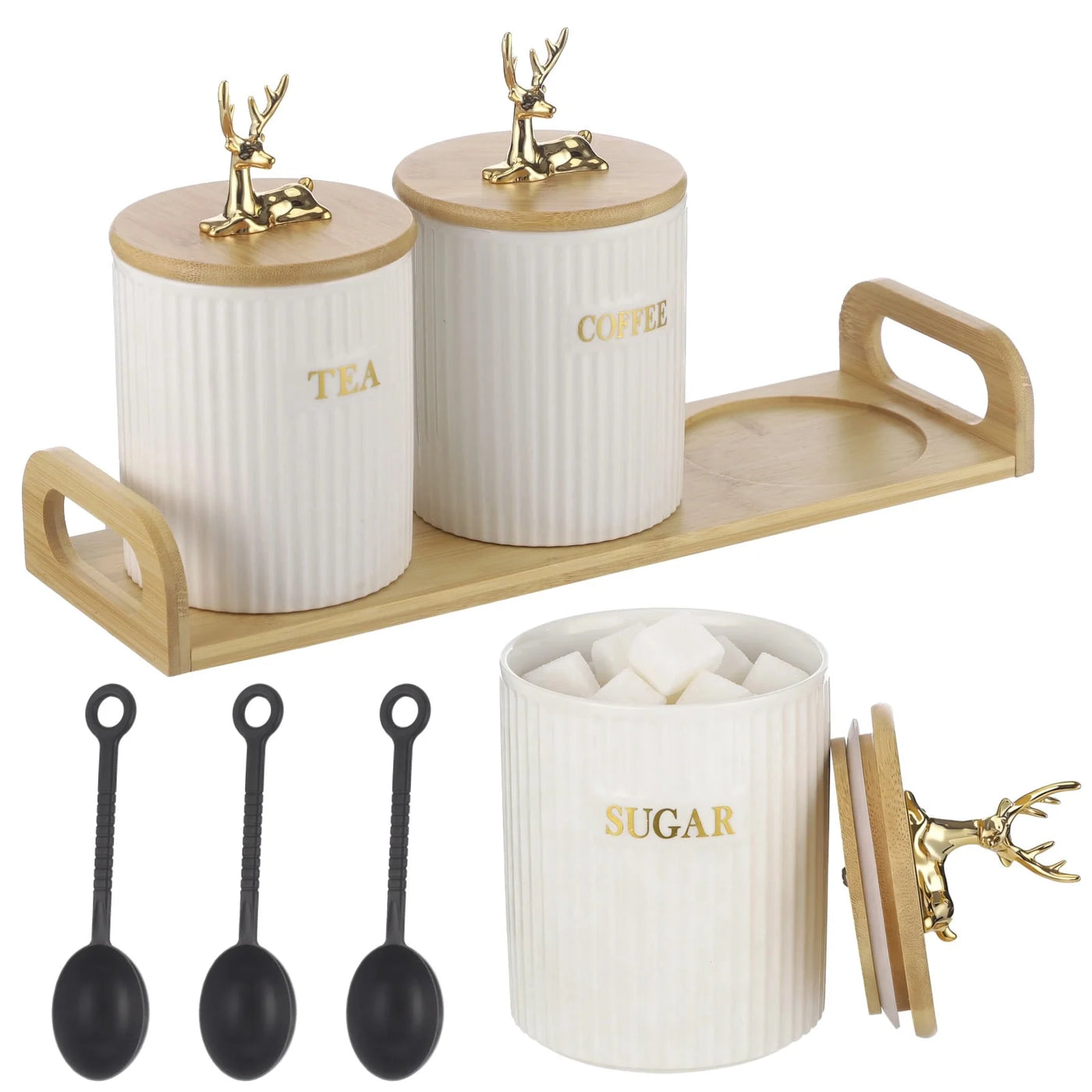 3-Piece Ceramic Canister Set, Ribbed Storage Containers with Golden Deer Wooden Lids, Labeled Sugar Coffee Tea