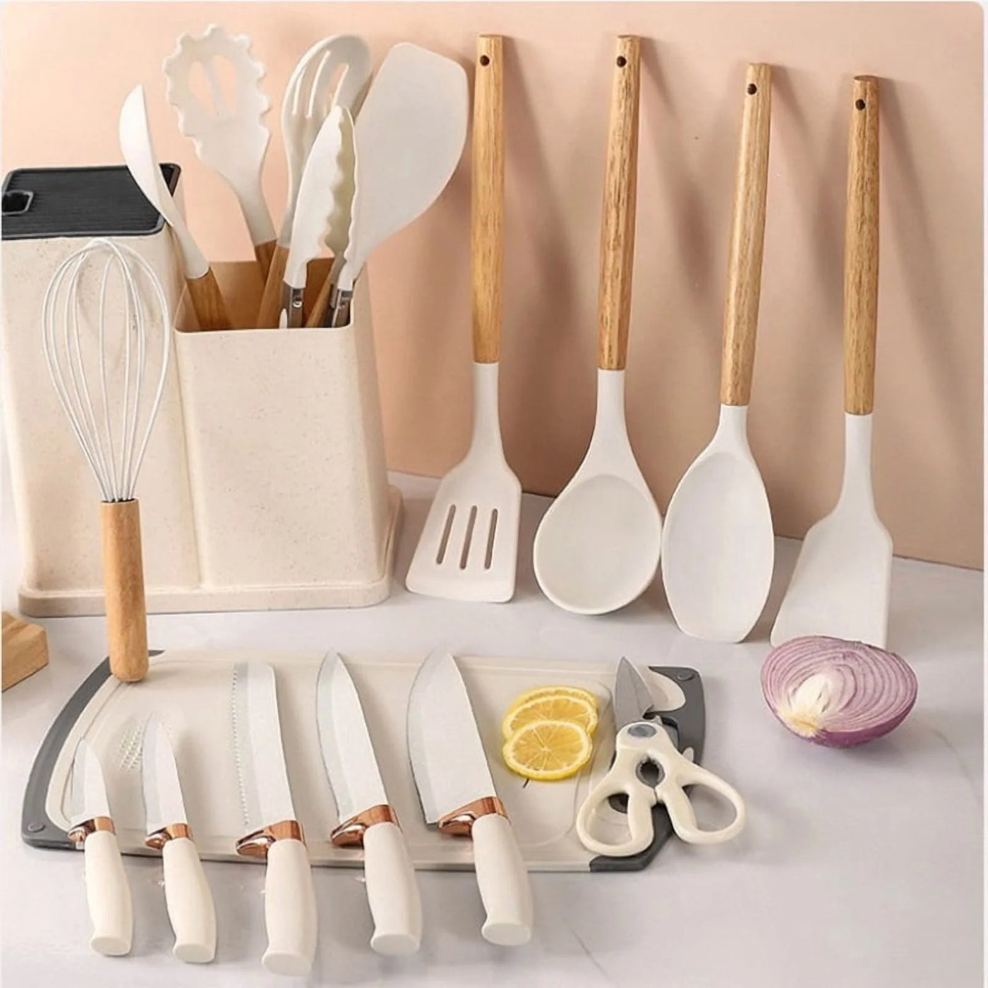 19-Piece Silicone Kitchen Utensils Set Nonstick Cooking Spatula Spoon Knife Combo with Storage Bucket Multifunctional Kitchen Cooking Tool Kit