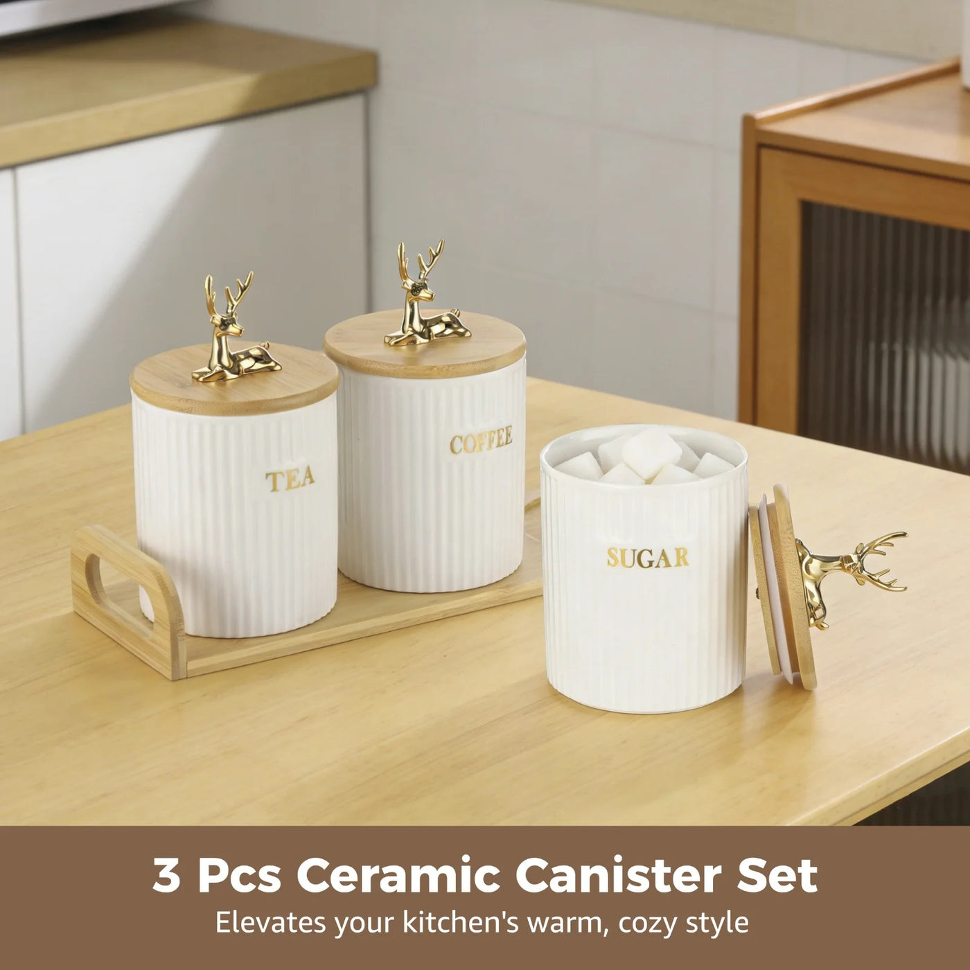 3-Piece Ceramic Canister Set, Ribbed Storage Containers with Golden Deer Wooden Lids, Labeled Sugar Coffee Tea