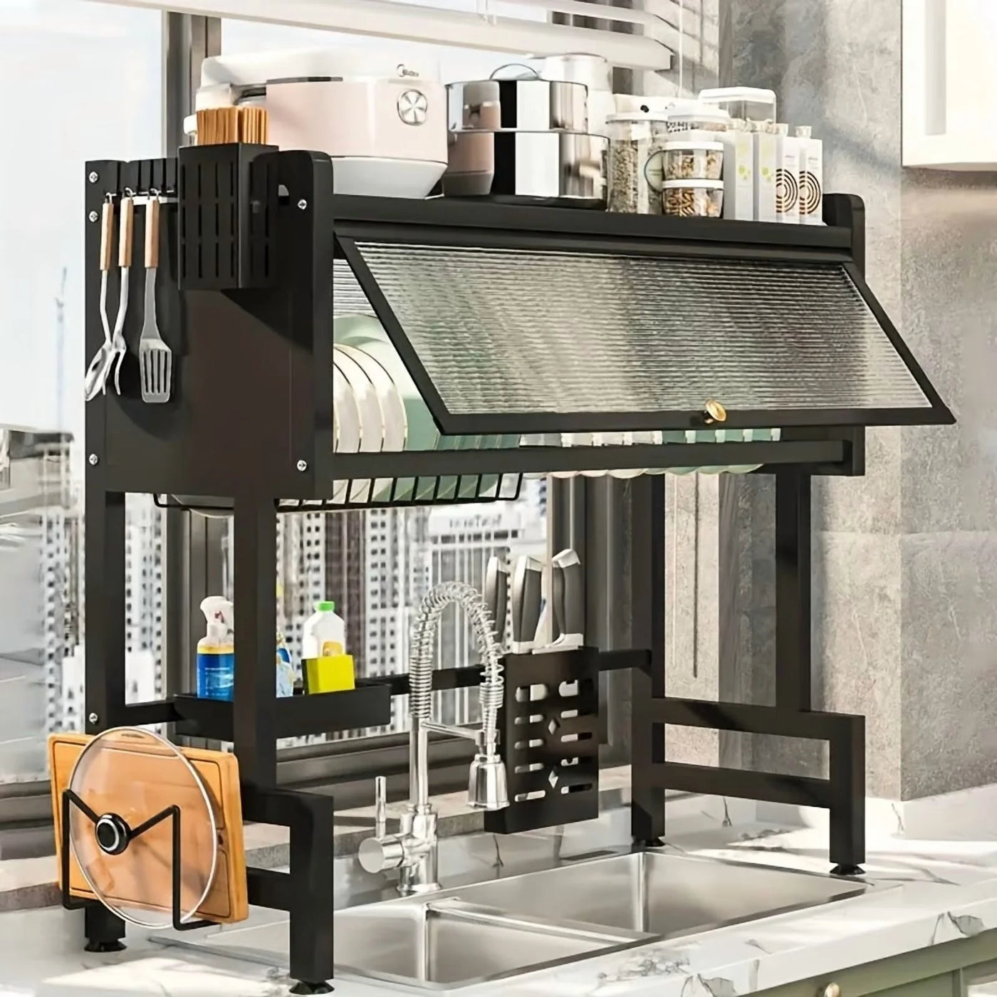 Dish Drying Rack with Dust-proof Cover, Countertop Kitchen Sink Drainer for Plates, Bowls and Chopsticks, Black